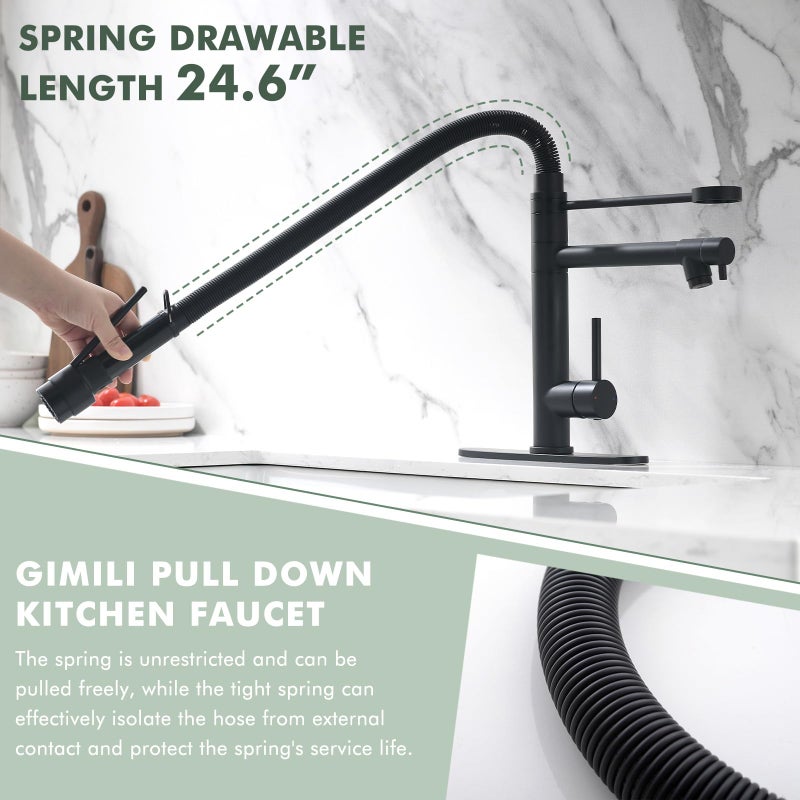 GIMILI Commercial Dual-Spout Black Kitchen Sink Faucet with Pull Down Sprayer - Image 3