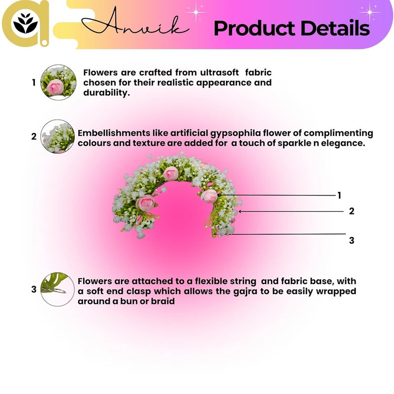 ANVIK Hair Accessories Fancy Party Bridal Wedding Fabric/Artificial Rose Flower Bun Juda Hair Gajra For Women's Flower Hair Accessory Veni For Hair For Bride (LIGHT PINK) - Image 3