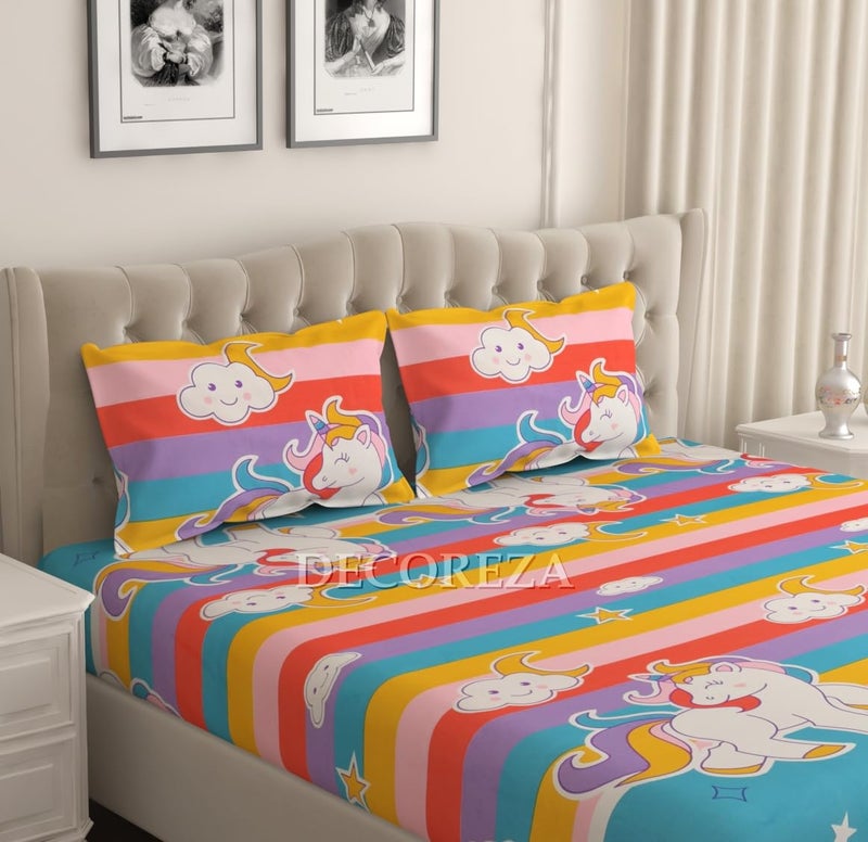 DECOREZA 350 TC Queen Size Elastic Fitted Bedsheet with Deep Pocket Cotton Feel Bed Sheet for Double Bed, Soft, Breathable & Wrinkle-Resistant, Includes 2 Pillow Covers, Size - 60"x78" Unicorn - Image 3