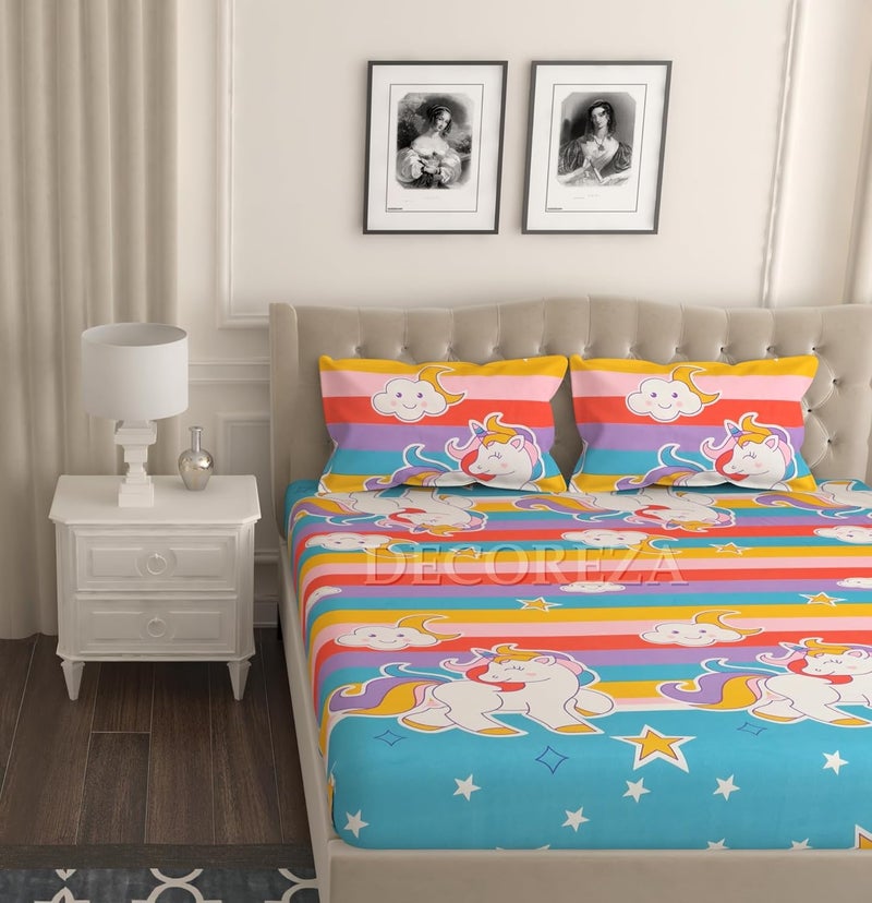 DECOREZA 350 TC Queen Size Elastic Fitted Bedsheet with Deep Pocket Cotton Feel Bed Sheet for Double Bed, Soft, Breathable & Wrinkle-Resistant, Includes 2 Pillow Covers, Size - 60"x78" Unicorn - Image 2