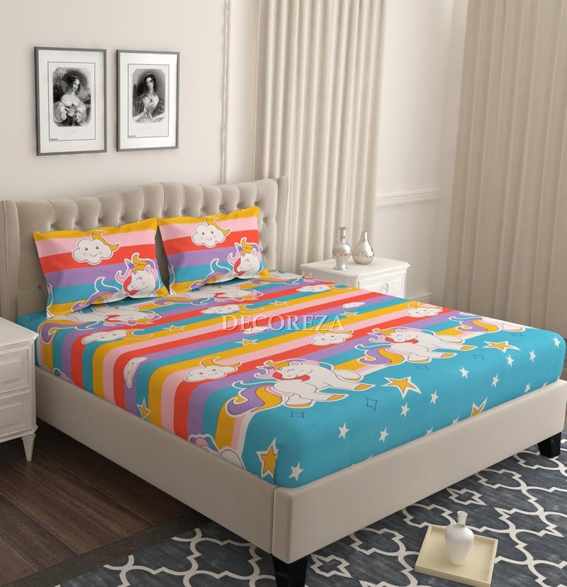 DECOREZA 350 TC Queen Size Elastic Fitted Bedsheet with Deep Pocket Cotton Feel Bed Sheet for Double Bed, Soft, Breathable & Wrinkle-Resistant, Includes 2 Pillow Covers, Size - 60"x78" Unicorn - Image 1
