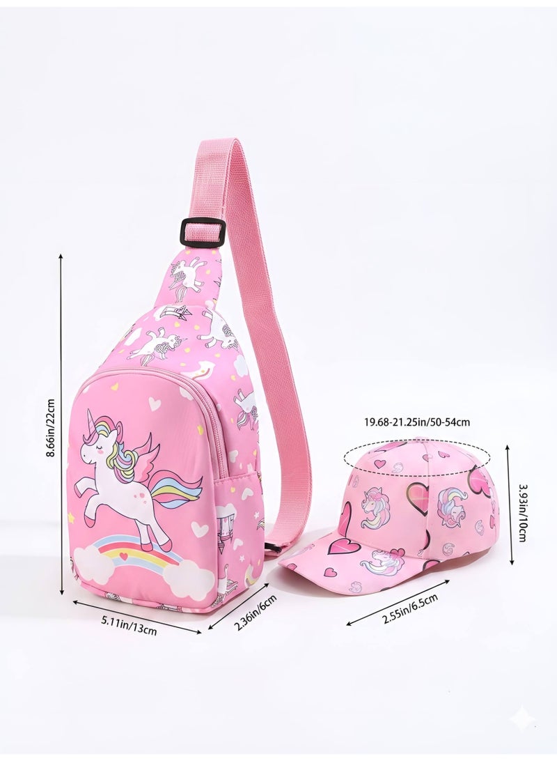طقم حقيبة كروس وقبعة بيسبول يونيكورن وردي للبنات من اورا ستايل - شنطة كتف وصدر للأطفال مع كاب مطابخ، إكسسوارات موضة كرتونية لطيفة للأطفال الصغار والفتيات (عمر 3-8 سنوات) - Image 3