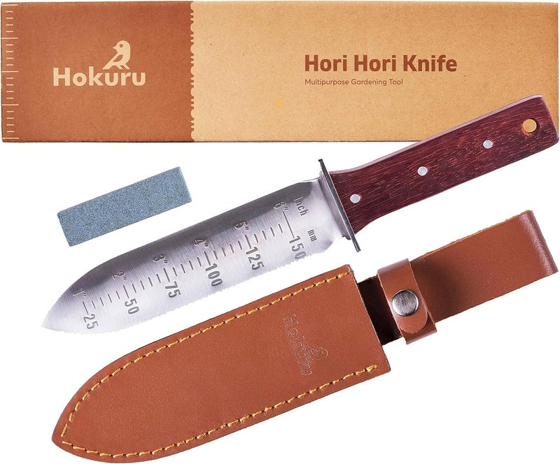 HOKURU Hori Hori Knife - Landscaping, Digging, Weeding, Cutting, Planting Gardening Tool With Leather Sheath, Stainless Steel Blade and Sharpening Stone - Image 1