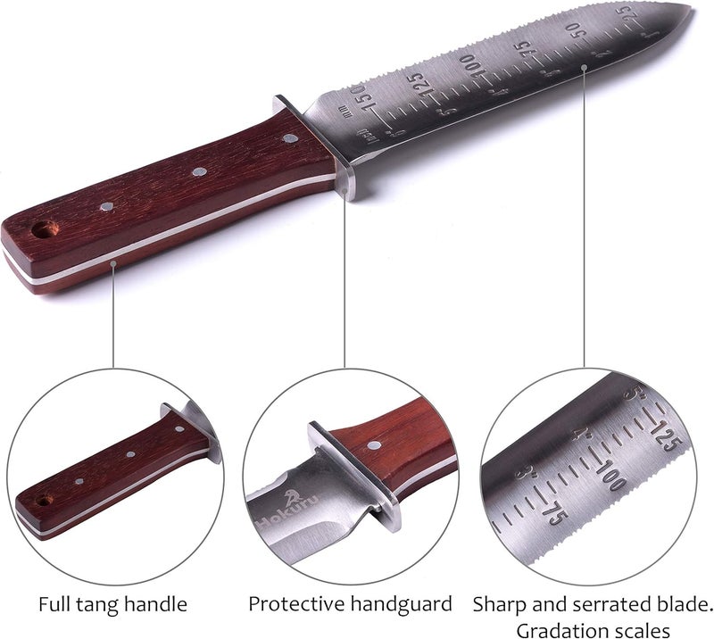 HOKURU Hori Hori Knife - Landscaping, Digging, Weeding, Cutting, Planting Gardening Tool With Leather Sheath, Stainless Steel Blade and Sharpening Stone - Image 3