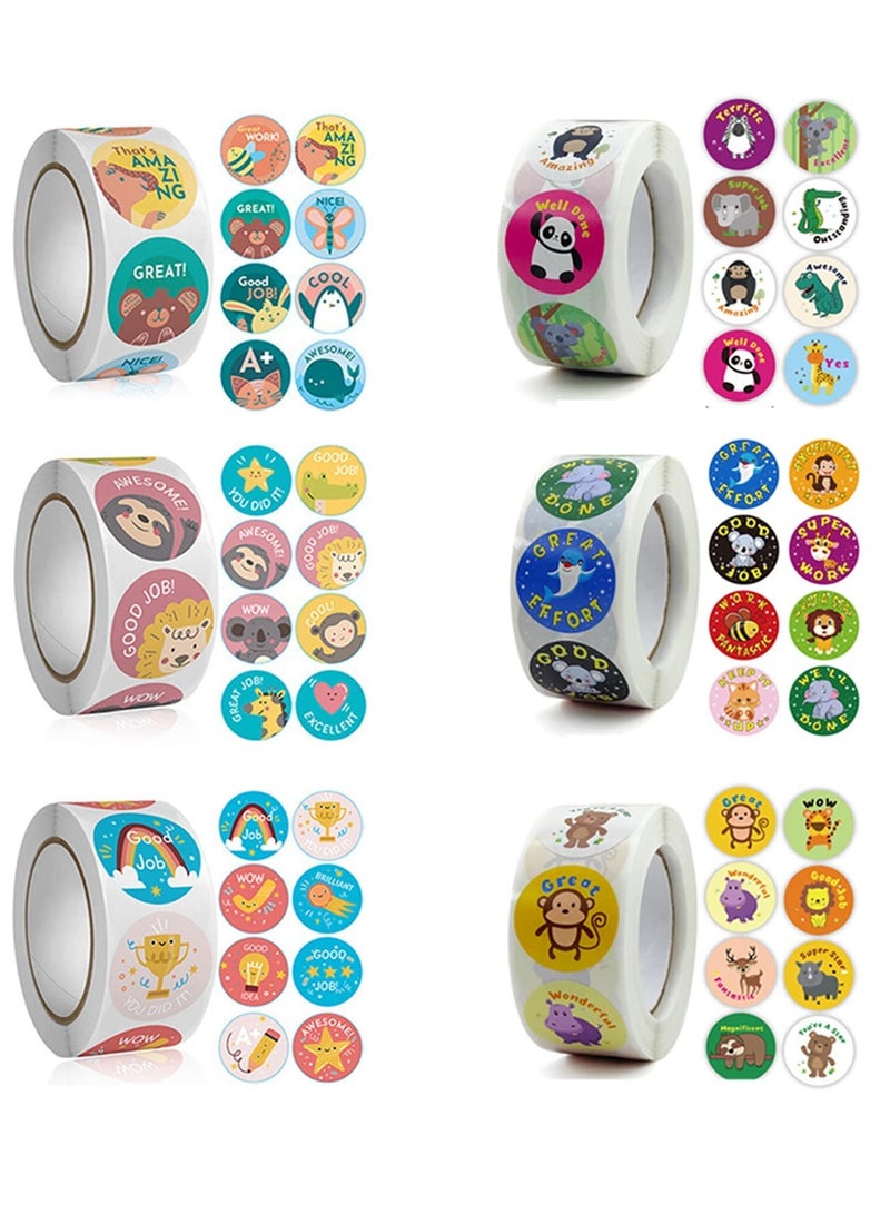 Zikra Teacher Reward Motivational Stickers, 3000 PCS Cartoon Animals Stickers Fun Stickers Reward Stickers for Teacher Encourage Student Round Reward Sticker for Kid (1 Inch, 6 Rolls, 500 Labels/Roll) - Image 1