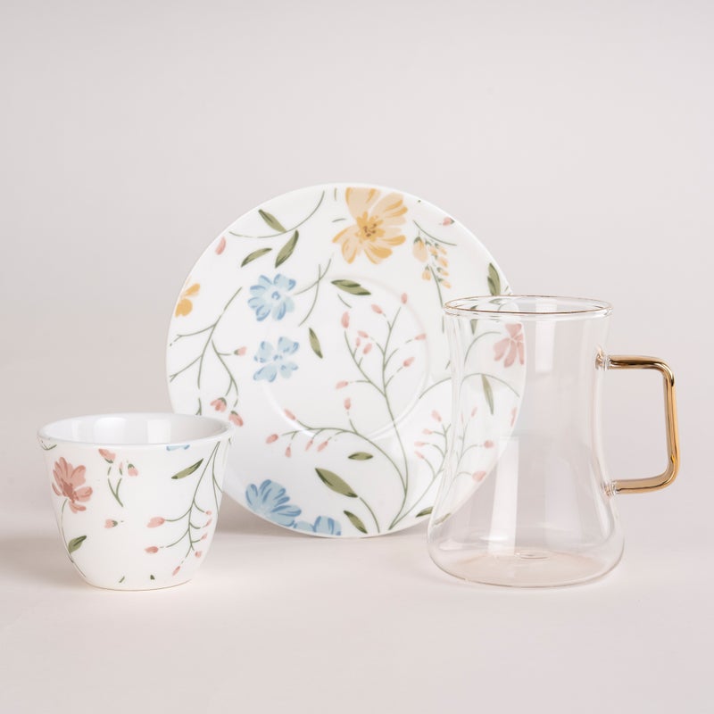 دلتي طقم شاي وقهوة سعودية زجاج وبورسلان أبيض 18 قطعة - Image 2