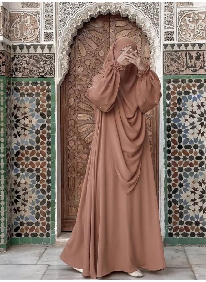 سلسلة اللؤلؤ: الشرق الأوسط اللون الصلب للنساء رداء اللؤلؤ الأكمام فستان Abaya قطعتين مجموعة الحجاب الطويل مناسبة جدا للنساء يوميا ارتداء الصيام شهر الصلاة - Image 4