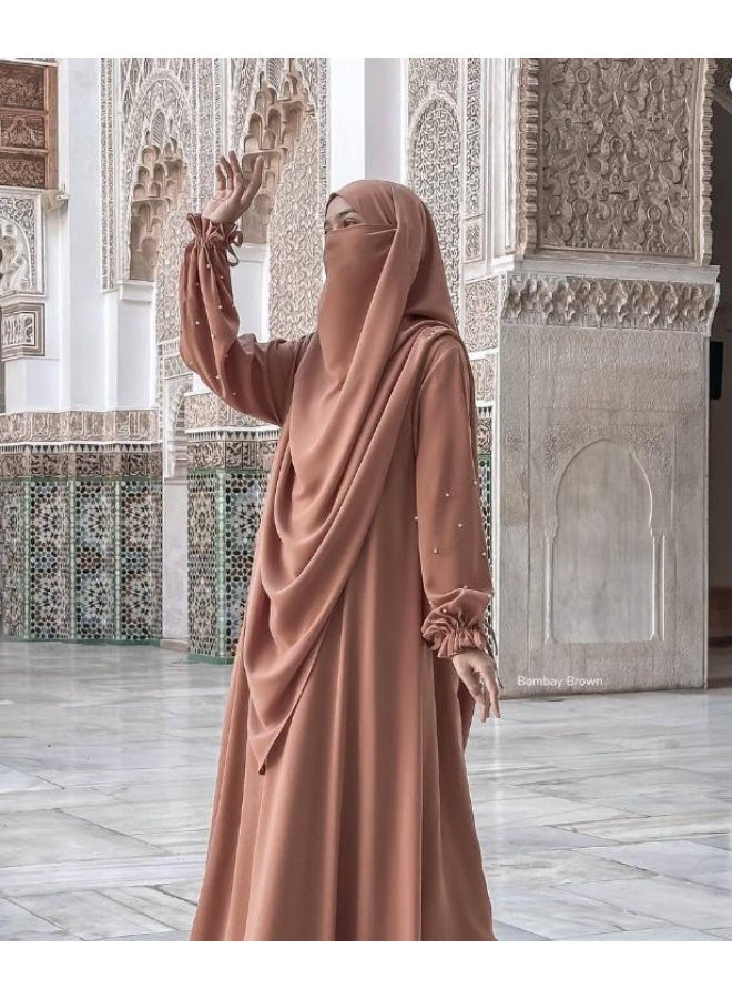 سلسلة اللؤلؤ: الشرق الأوسط اللون الصلب للنساء رداء اللؤلؤ الأكمام فستان Abaya قطعتين مجموعة الحجاب الطويل مناسبة جدا للنساء يوميا ارتداء الصيام شهر الصلاة - Image 5