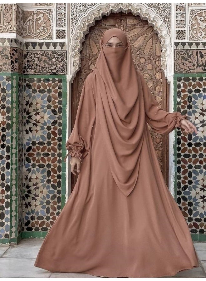 سلسلة اللؤلؤ: الشرق الأوسط اللون الصلب للنساء رداء اللؤلؤ الأكمام فستان Abaya قطعتين مجموعة الحجاب الطويل مناسبة جدا للنساء يوميا ارتداء الصيام شهر الصلاة - Image 1