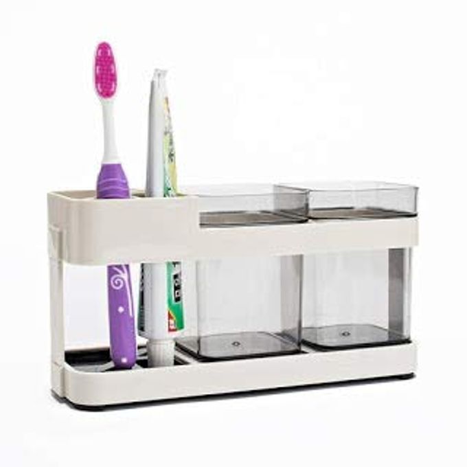 2 CUP PLASTIC TOOTHBRUSH HOLDER TOOTHPASTE STAND BATHROOM STORAGE ORGANIZER WITH 4 SLOTS FOR TOOTHBRUSHES SHAVING KIT