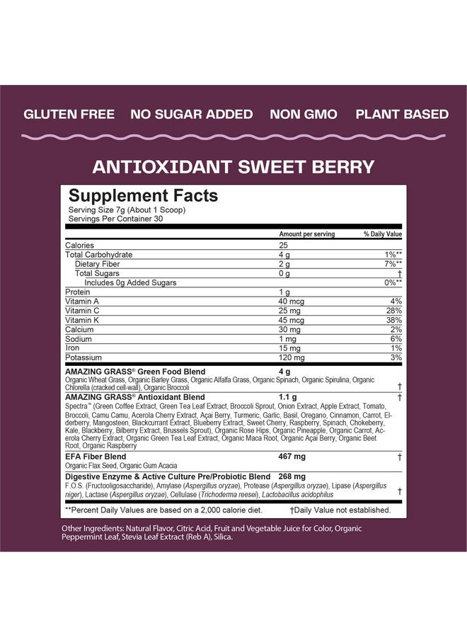 Amazing Grass Greens Blend Antioxidant: Super Greens Powder Smoothie Mix With Organic Spirulina Beet Root Powder Elderberry Bilberry Prebioitics & Probiotics Sweet Berry 30 Servings - Image 4