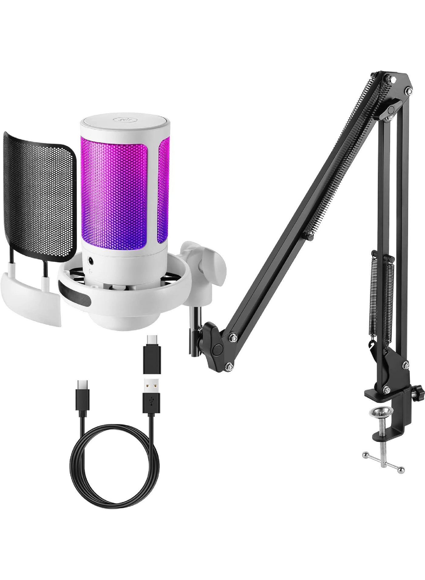 Rock Pow USB PC Gaming Microphone with RGB Light. Condenser Microphone with Mute Button, Volume Control, 3.5mm Headphone Jack. Compatible with Windows, Mac OS, Smartphones