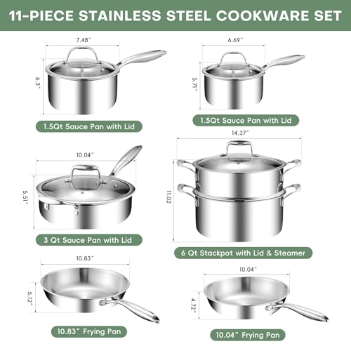 Lazycorner 11-Piece Pots and Pans Set, 18/10 Stainless Steel Cookware Set, Induction Compatible, PFOA-Free Coating, Dishwasher Safe, Includes Frying Pan & Sauce Pan with Lids - Image 2