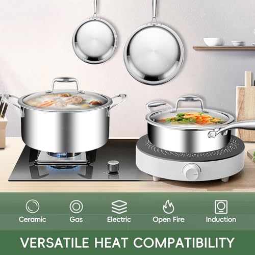Lazycorner 11-Piece Pots and Pans Set, 18/10 Stainless Steel Cookware Set, Induction Compatible, PFOA-Free Coating, Dishwasher Safe, Includes Frying Pan & Sauce Pan with Lids - Image 3
