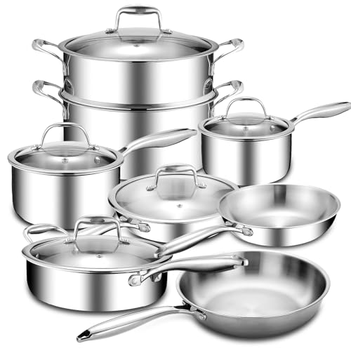 Lazycorner 11-Piece Pots and Pans Set, 18/10 Stainless Steel Cookware Set, Induction Compatible, PFOA-Free Coating, Dishwasher Safe, Includes Frying Pan & Sauce Pan with Lids - Image 1