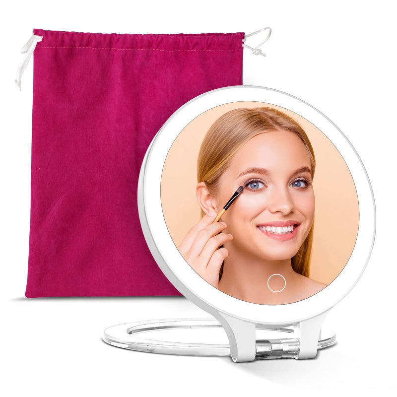 Famihomii Magnifying Travel Magnifying Mirror with Light Makeup Mirror with 3 Color Lights and Magnification Lighted Rechargeable Portable Cosmetic Foldable Mirror Dimmable Adjustable Rotation with Bag