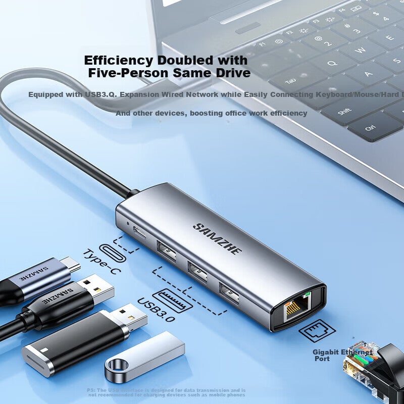 SAMZHE USB3.0 to Gigabit Ethernet Port Type-C Expansion Dock Splitter, Network Cable Adapter RJ45 for Apple 17 MacBook Huawei Laptops Conversion HWK1-S - Image 2