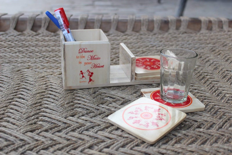 IVEI Warli Wooden Pen Stand with Mobile Holder and Coaster - Utility Pen Stand - Desk Organizer - Stationery Holder - Table Top Items - Unique Pattern Coaster - Best Gift for Office and Home - Image 4