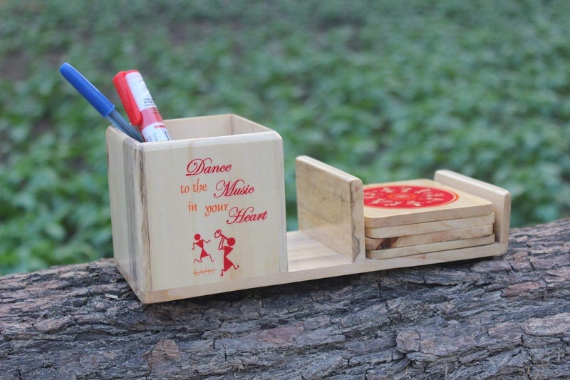 IVEI Warli Wooden Pen Stand with Mobile Holder and Coaster - Utility Pen Stand - Desk Organizer - Stationery Holder - Table Top Items - Unique Pattern Coaster - Best Gift for Office and Home - Image 2