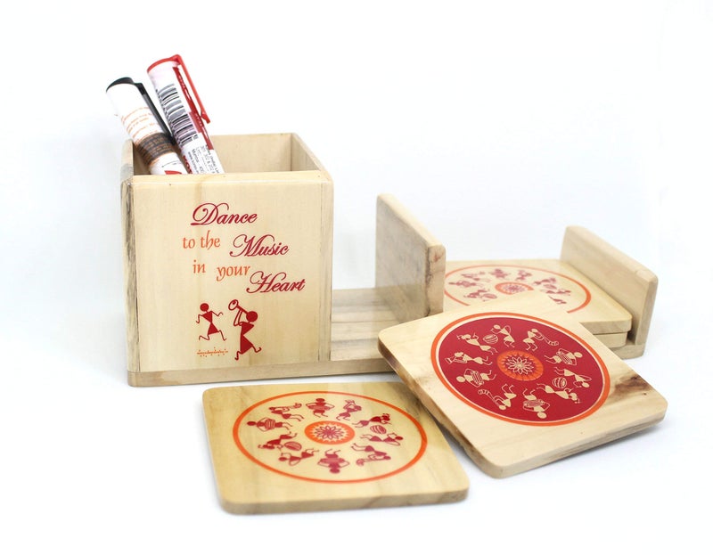 IVEI Warli Wooden Pen Stand with Mobile Holder and Coaster - Utility Pen Stand - Desk Organizer - Stationery Holder - Table Top Items - Unique Pattern Coaster - Best Gift for Office and Home - Image 1