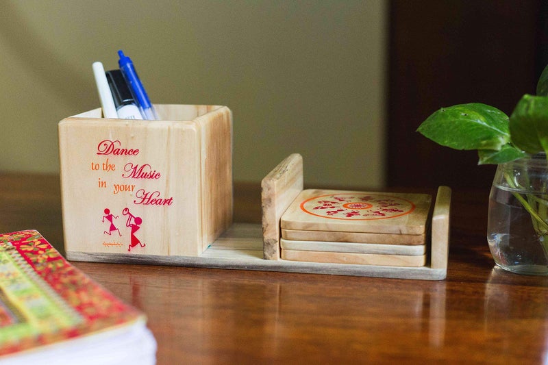 IVEI Warli Wooden Pen Stand with Mobile Holder and Coaster - Utility Pen Stand - Desk Organizer - Stationery Holder - Table Top Items - Unique Pattern Coaster - Best Gift for Office and Home - Image 3