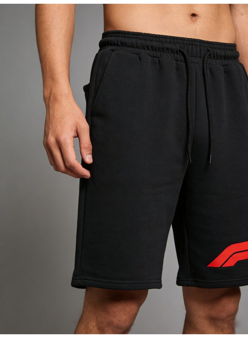 اف 1 F1 official black sports shorts - red logo pattern casual sports shorts with drawstring waistband, suitable for racing fans and daily wear - Image 1