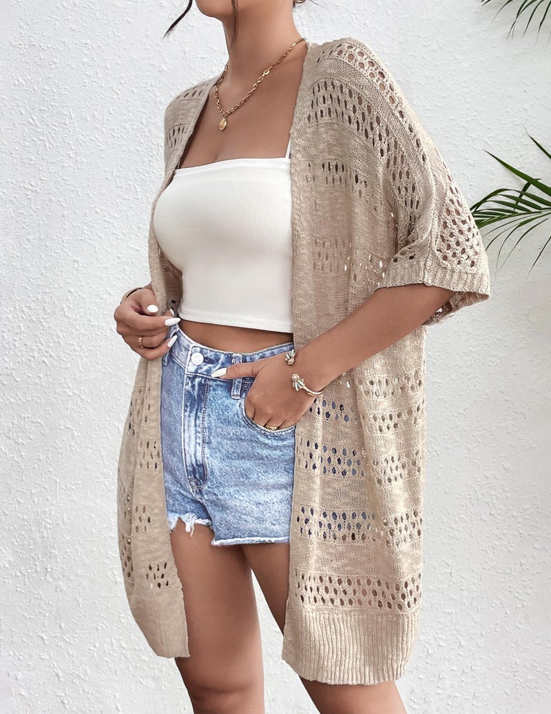 Zeagoo Beige Crochet Light Weight Cardigans for Women Summer Oversized Short Sleeve V Neck Open Front Cardigan - Image 2