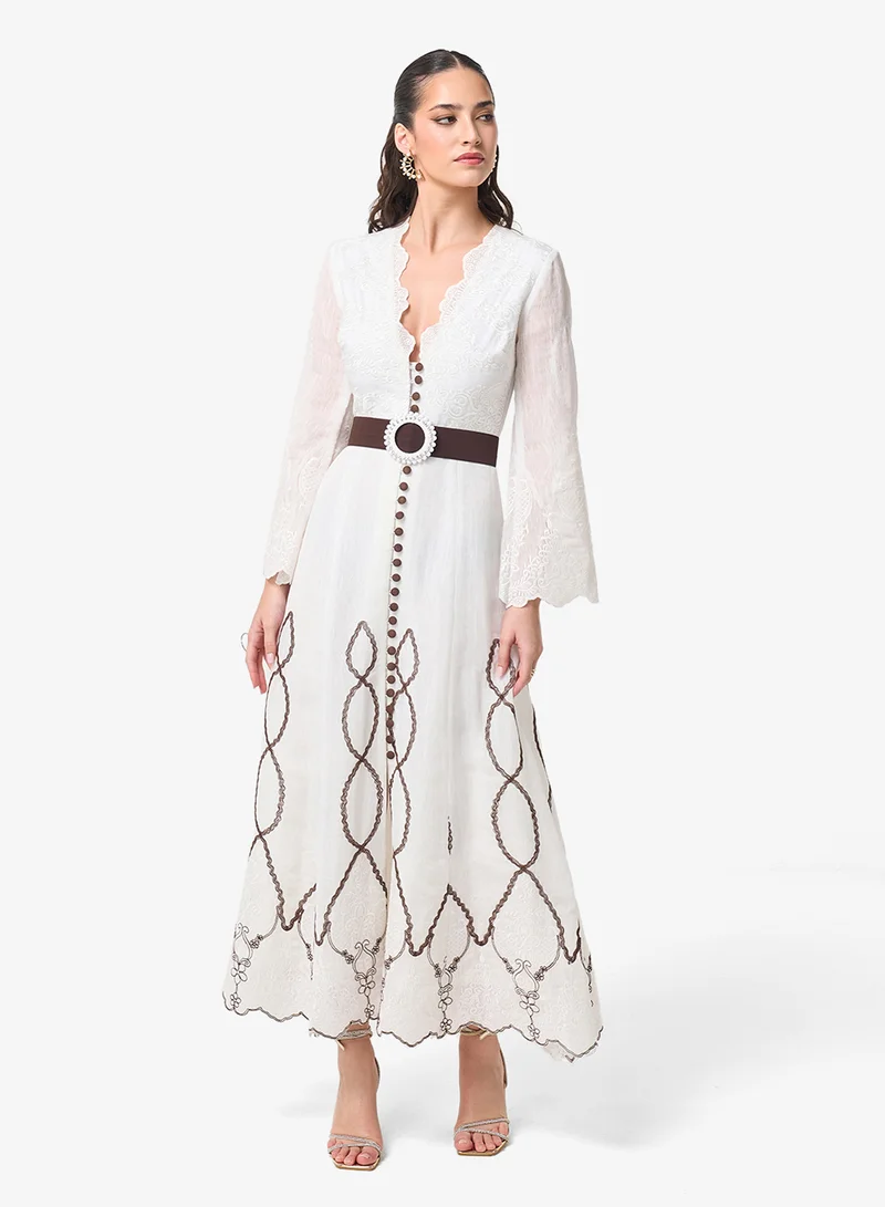 ثريدز باي اجوني فستان طويل بأكمام طويلة وحزام وياقة على شكل