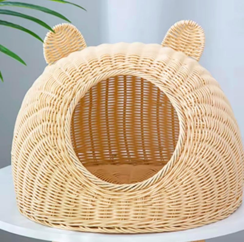 Puppytaste Woven Rattan Cat Cave Bed with Bear Ear Design - 50x40 cm (Beige)