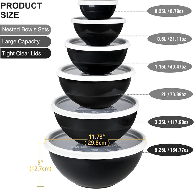Greentainer Plastic Mixing Bowls with Lids Set 12 Piece Colorful Mixing Bowl Set for Kitchen - Nesting Bowls with Lids Set, 6 Prep Bowls and 6 Lids - Microwave and Freezer Safe(Black) - Image 2
