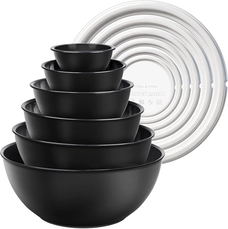 Greentainer Plastic Mixing Bowls with Lids Set 12 Piece Colorful Mixing Bowl Set for Kitchen - Nesting Bowls with Lids Set, 6 Prep Bowls and 6 Lids - Microwave and Freezer Safe(Black) - Image 1