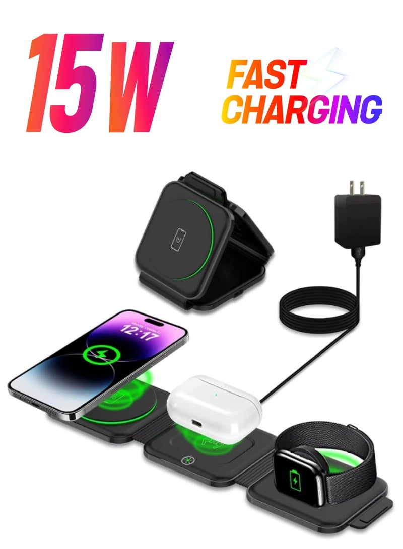 Digitplus 3 in 1 Charging Station Wireless Foldable Travel Charger for Multiple Devices, Magnetic and Compatible for iPhone 15/14/13/12/Pro/Max, i Watch, Ear Pods 3/2/Pro (with Adapter) - Image 1