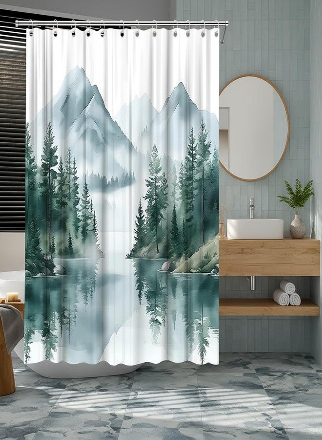 Green Misty Forest Mountain Shower Curtain Watercolor Pine Tree Foggy Lake Nature Landscape Outdoor Bath Curtain Fabric Bathroom Accessories Decor with Hooks (70.00" LX70.00 W) - Image 2