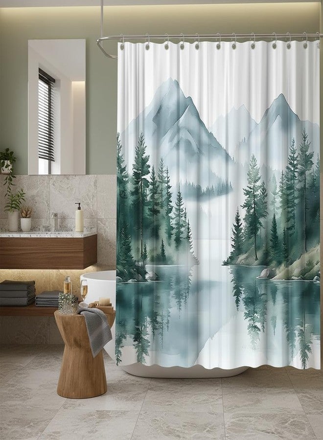 Green Misty Forest Mountain Shower Curtain Watercolor Pine Tree Foggy Lake Nature Landscape Outdoor Bath Curtain Fabric Bathroom Accessories Decor with Hooks (70.00" LX70.00 W) - Image 1