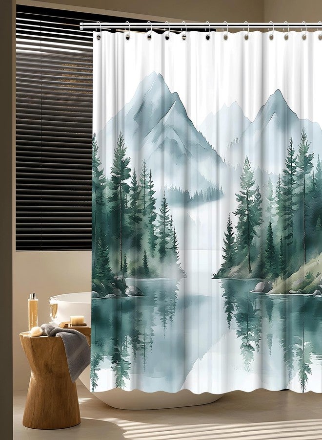 Green Misty Forest Mountain Shower Curtain Watercolor Pine Tree Foggy Lake Nature Landscape Outdoor Bath Curtain Fabric Bathroom Accessories Decor with Hooks (70.00" LX70.00 W) - Image 4