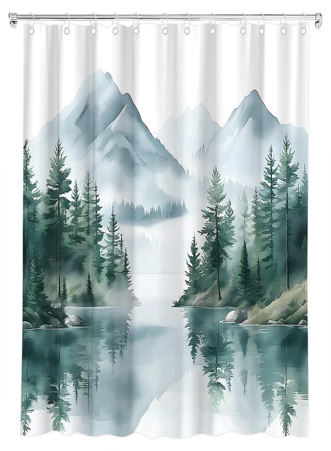 Green Misty Forest Mountain Shower Curtain Watercolor Pine Tree Foggy Lake Nature Landscape Outdoor Bath Curtain Fabric Bathroom Accessories Decor with Hooks (70.00" LX70.00 W) - Image 5