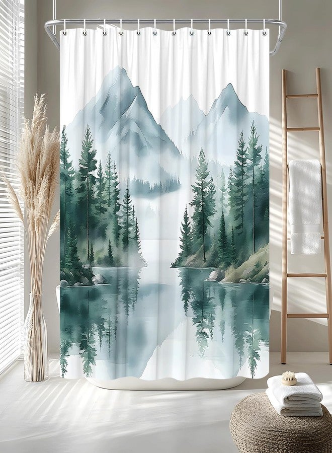 Green Misty Forest Mountain Shower Curtain Watercolor Pine Tree Foggy Lake Nature Landscape Outdoor Bath Curtain Fabric Bathroom Accessories Decor with Hooks (70.00" LX70.00 W) - Image 3