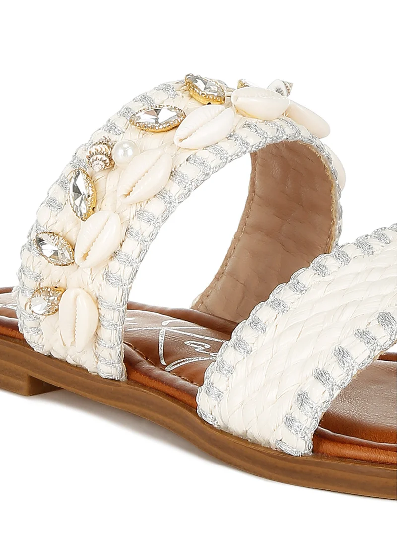 London Rag Shell &amp; Diamante Slip On Sandals in White
