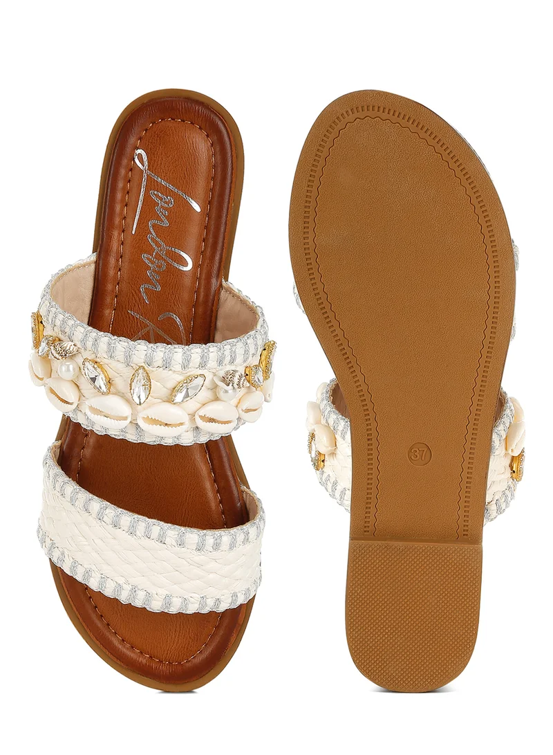 London Rag Shell &amp; Diamante Slip On Sandals in White