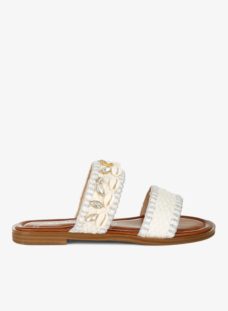 Shell & Diamante Slip On Sandals in White