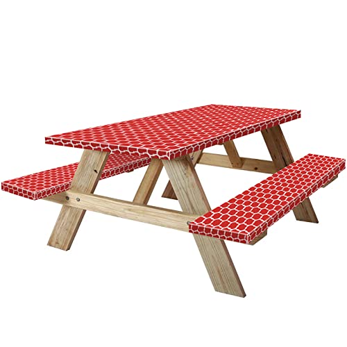 KENOBEE 6ft Picnic Table and Bench Cover Camping Essentials RV Gear 72 in Waterproof Windproof Outdoor Elastic All Around Tablecloth Fitted Rectangle Tables and Seats RedWhite Moroccan