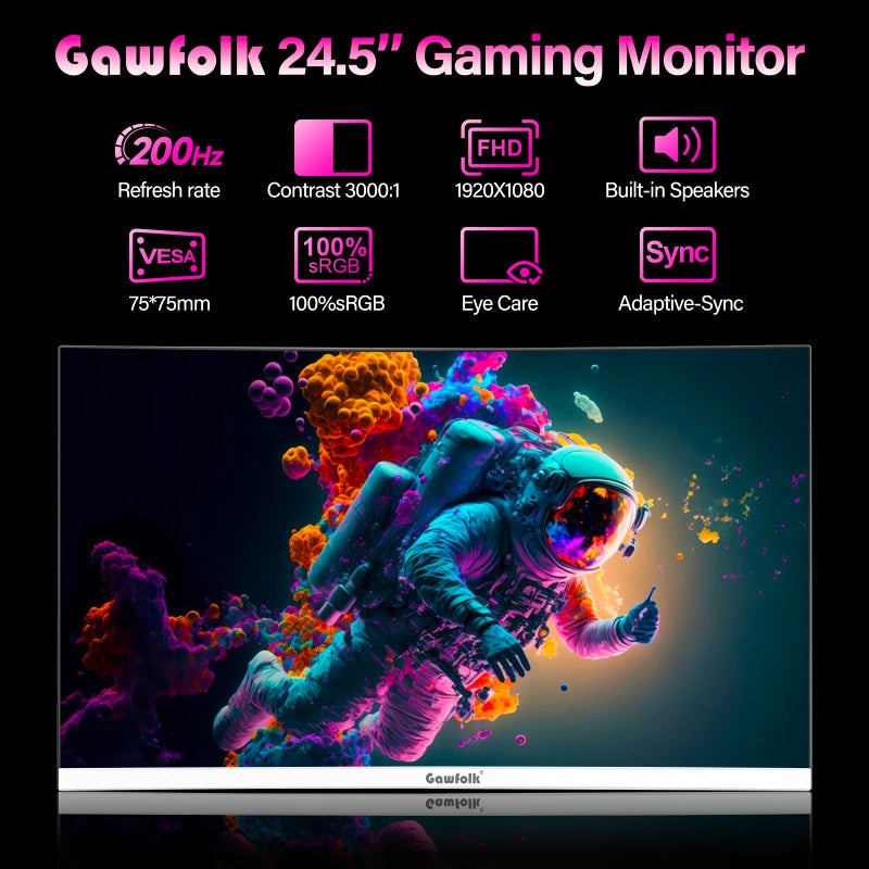 Gawfolk شاشة الألعاب غوفولك 24.5 بوصة 200 هرتز مع مكبرات صوت مدمجة، شاشة كمبيوتر 180 هرتز FHD 1080P بدون إطار، VA، sRGB 100%، DisplayPort، HDMI، رعاية العين، متوافقة مع التركيب على الحائط (أبيض) - Image 2