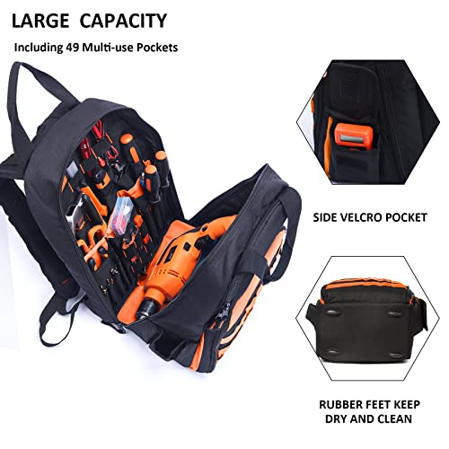 AUMTISC Tool Bag Backpack for Men, Heavy-Duty Tools Storage Organizer Work Bags Backpack for Construction Jobsite, Electrician, Industrial, Repairman, and HVAC Techs, Orange - Image 3