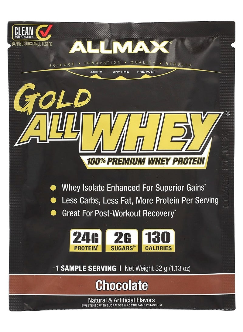 Allmax Gold All Whey، بروتين مصل اللبن الفاخر بنسبة 100%، شوكولاتة، 1.13 أونصة (32 جم)
