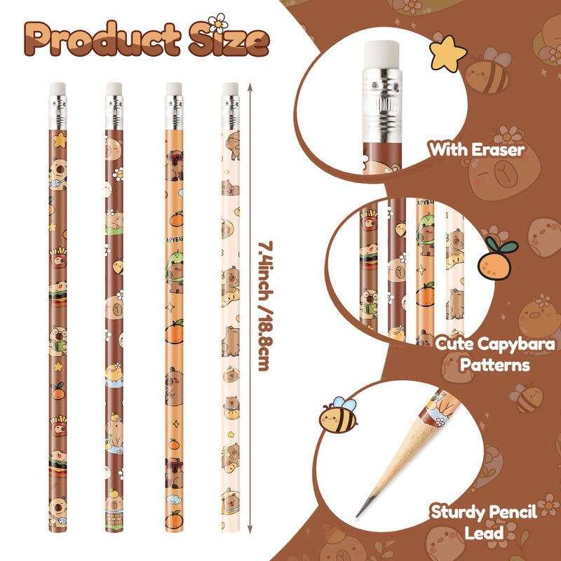 Xqumoi Capybara Pencils with Eraser - Cute Capybara #2 HB Pencils, School Classroom Student Rewards Back to School Office Supply Animal Print Goodie Bag Fillers Stuffers Birthday Party Favors - Image 2