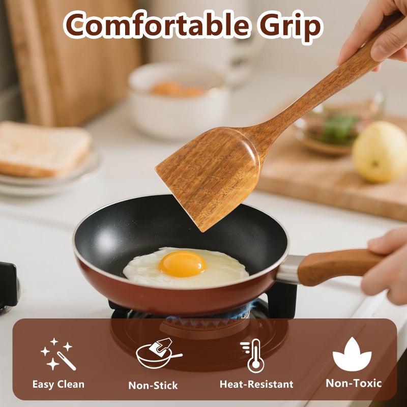 TEZZ Wooden Spatulas, 2 PCs Natural Acacia Wooden Cooking Utensils Set for Non-stick Pan Kitchen Tool, flipping and Wok Spatula, Wooden Spoons & Spurtle for Cooking - Image 2
