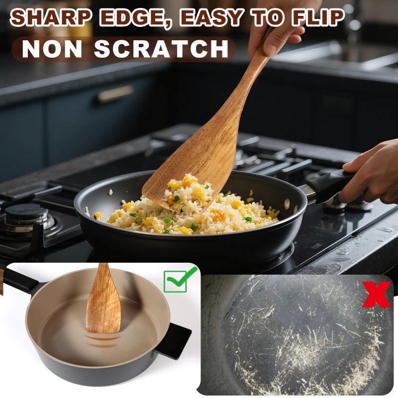 TEZZ Wooden Spatulas, 2 PCs Natural Acacia Wooden Cooking Utensils Set for Non-stick Pan Kitchen Tool, flipping and Wok Spatula, Wooden Spoons & Spurtle for Cooking - Image 3