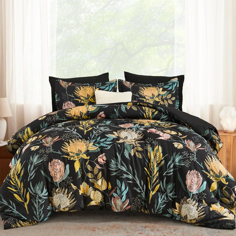 Luxudecor Queen Comforter Set 7 Pieces Bedding Sets, Black Floral Comforter and Sheet Set, Soft Microfiber Bed in a Bag for All Seasons (Black,90"x90") - Image 1