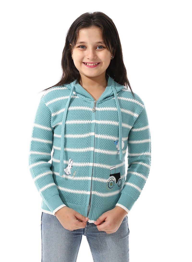 Andora Girls Hooded Neck Striped Sweatshirt _ Turquoise Blue  - Image 1