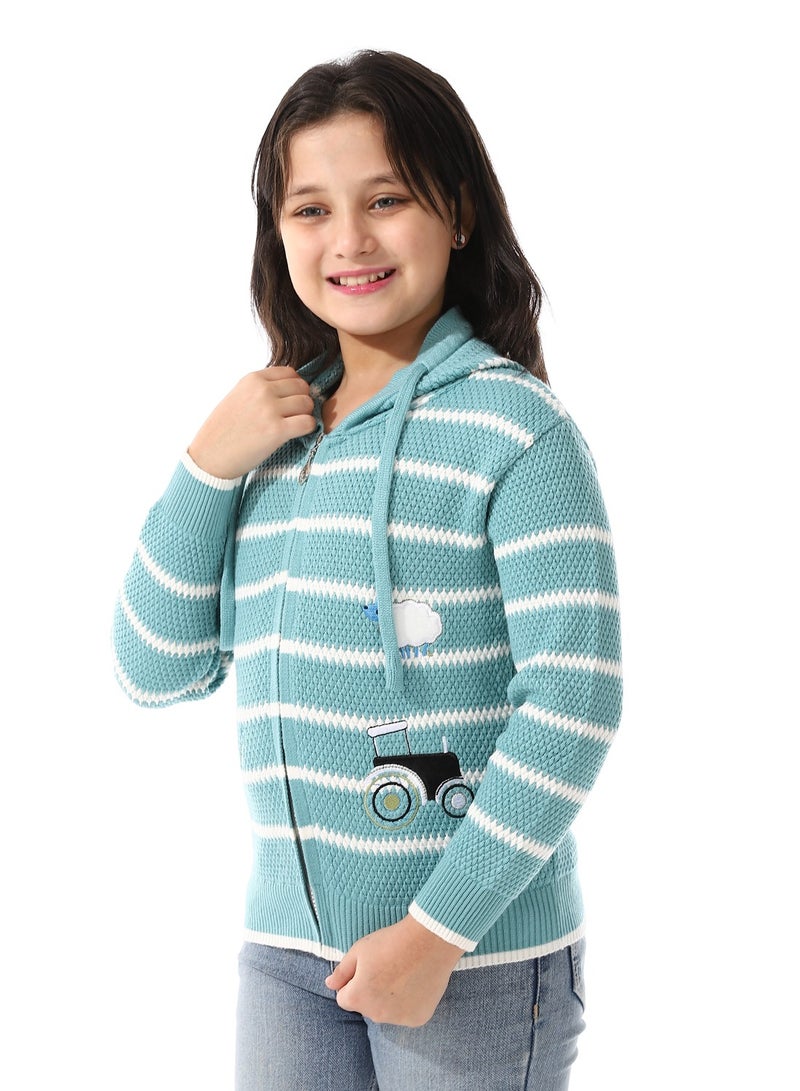 Andora Girls Hooded Neck Striped Sweatshirt _ Turquoise Blue  - Image 2